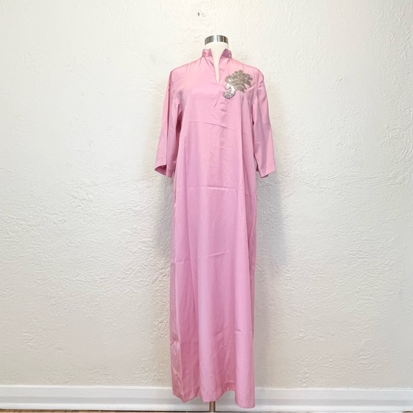 vintage Dresses & Skirts - Vintage Kaftan Dress Maxi Pink Satin Beaded One Size Medium M Fairy Asian